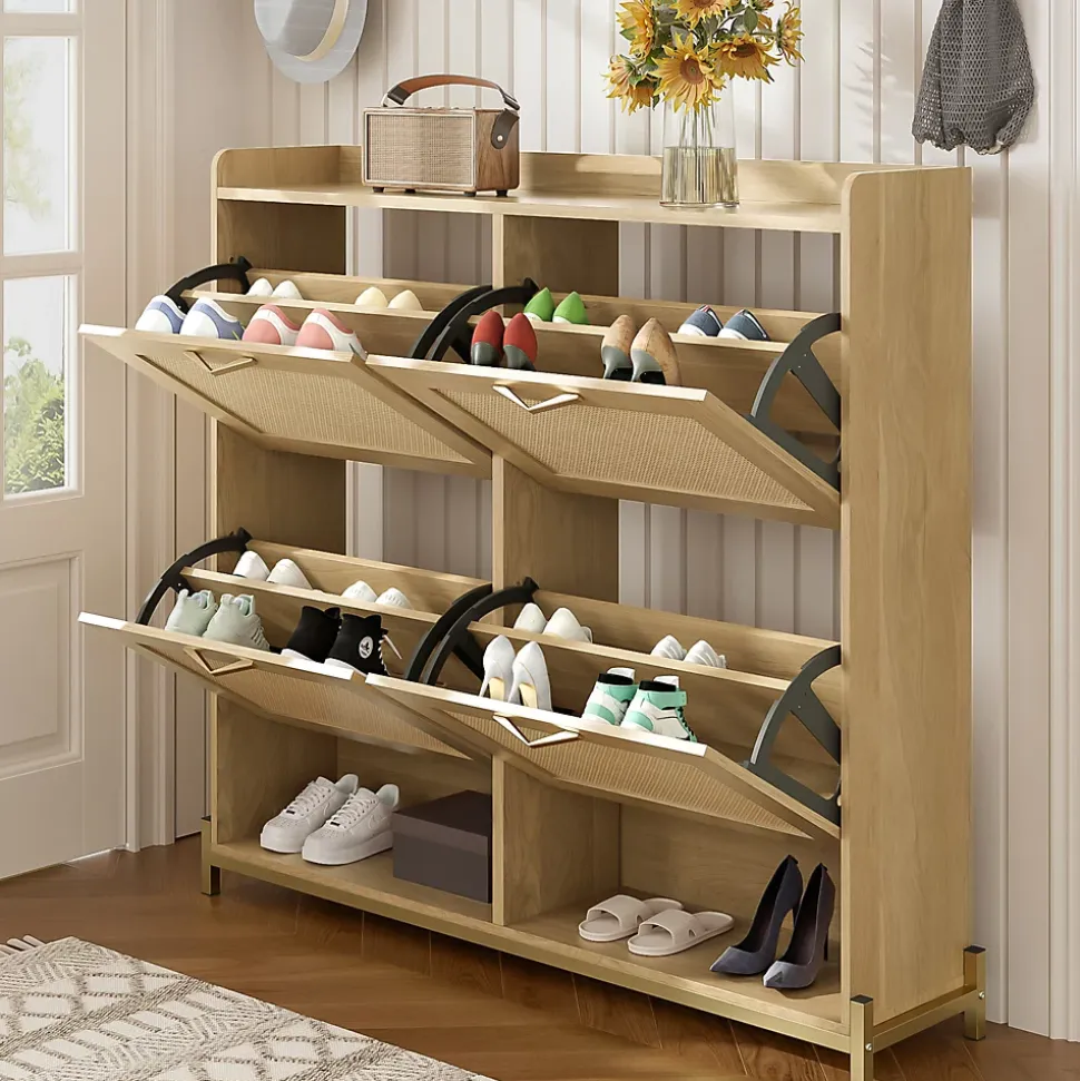 Meuble à Chaussures Meuble 4 Portes avec Étagère Supérieure et Portes Rotin - Bois Contemporain, Cadre Métal, Chêne Clair