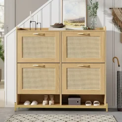 Meuble à Chaussures Meuble 4 Portes avec Étagère Supérieure et Portes Rotin - Bois Contemporain, Cadre Métal, Chêne Clair