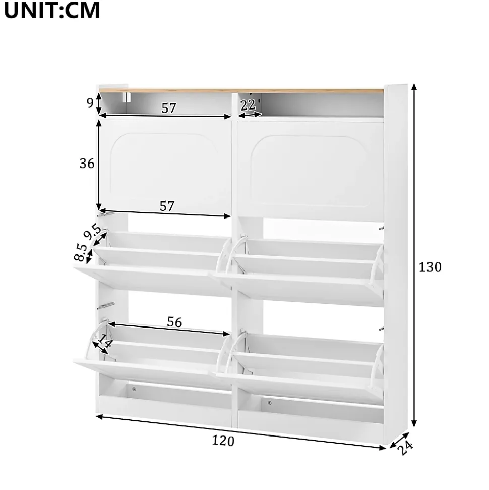 Meuble à Chaussures Meuble d'Entrée avec 6 Abattants et 2 Niches Ouvertes, Éclairage LED Intégré - MDF - Blanc et Bois Naturel