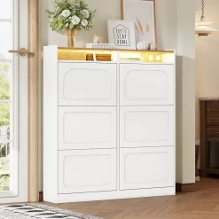 Meuble à Chaussures Meuble d'Entrée avec 6 Abattants et 2 Niches Ouvertes, Éclairage LED Intégré - MDF - Blanc et Bois Naturel