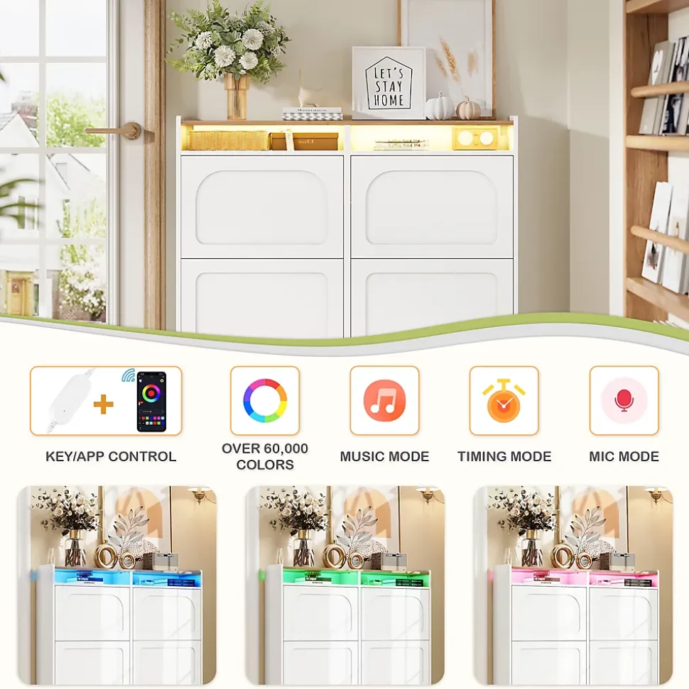 Meuble à Chaussures Meuble d'Entrée avec 6 Abattants et 2 Niches Ouvertes, Éclairage LED Intégré - MDF - Blanc et Bois Naturel