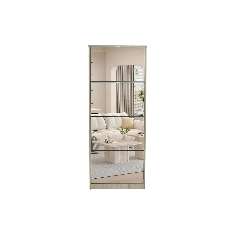 Meuble à chaussures MEXICO 4 tiroirs avec miroirs Coloris chene sonoma Rangement vertical contemporain
