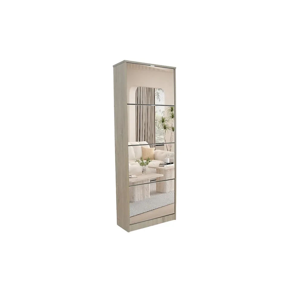 Meuble à chaussures MEXICO 4 tiroirs avec miroirs Coloris chene sonoma Rangement vertical contemporain