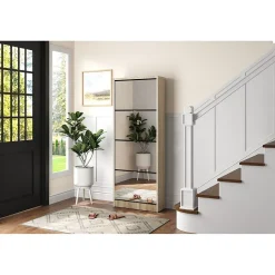 Meuble à chaussures MEXICO 4 tiroirs avec miroirs Coloris chene sonoma Rangement vertical contemporain