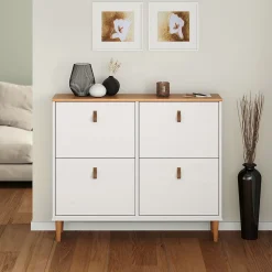 Meuble à chaussures MIKKA avec 4 abattants en pin massif lasuré blanc/chêne