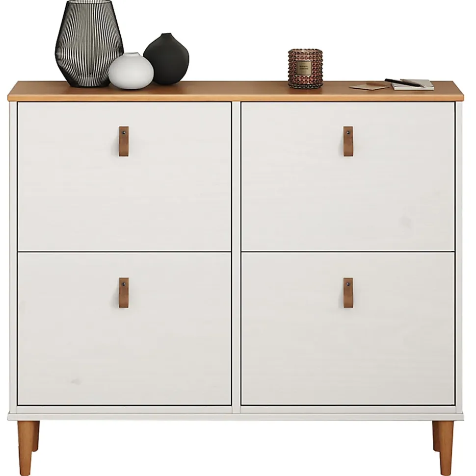 Meuble à chaussures MIKKA avec 4 abattants en pin massif lasuré blanc/chêne