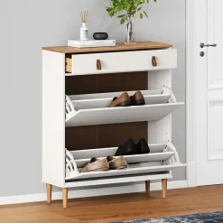 Meuble à chaussures MIKKA avec 2 abattants et 1 tiroir en pin massif coloris blanc/chêne