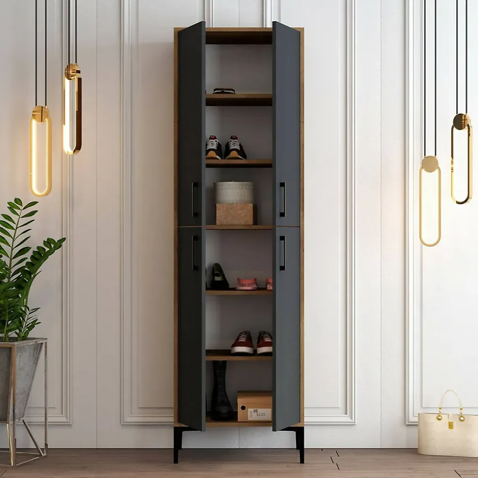 Meuble à chaussures Mimosa, Meuble à chaussures, Armoire polyvalente, Rangement pour chaussures, 60x35h200 cm, Noyer et Anthracite