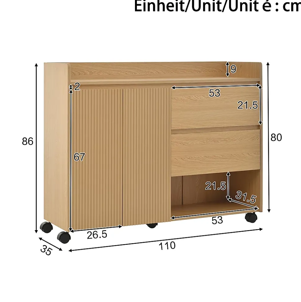 Meuble à Chaussures Mobile avec Étagères Réglables et Espaces Ouverts, MDF avec Roulettes - 110x35x86 cm, Naturel