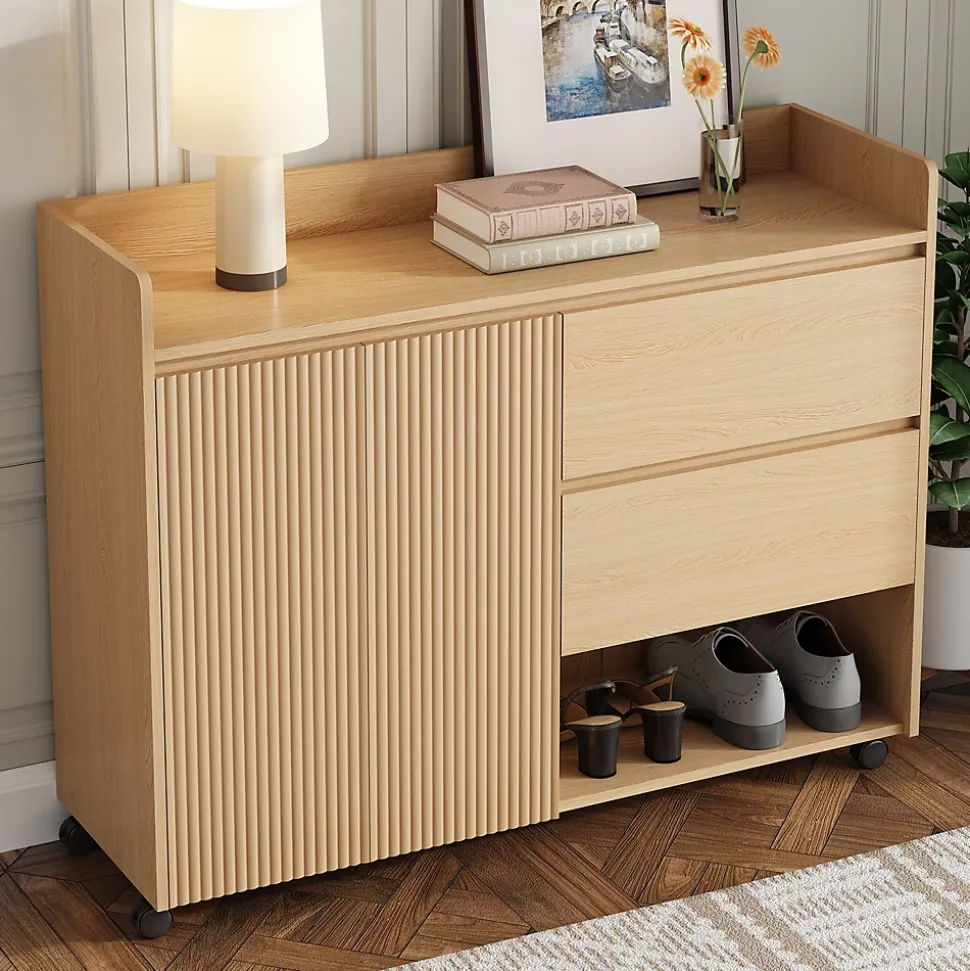 Meuble à Chaussures Mobile avec Étagères Réglables et Espaces Ouverts, MDF avec Roulettes - 110x35x86 cm, Naturel