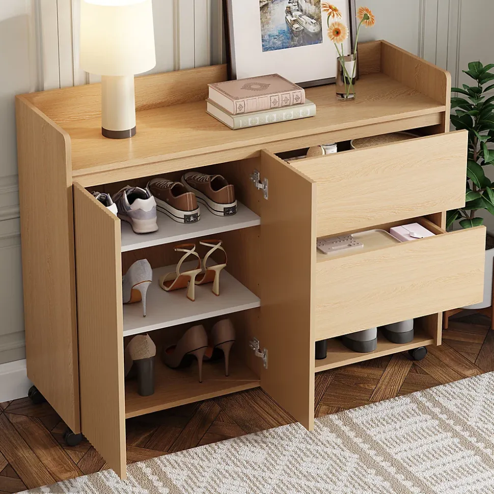 Meuble à Chaussures Mobile avec Étagères Réglables et Espaces Ouverts, MDF avec Roulettes - 110x35x86 cm, Naturel