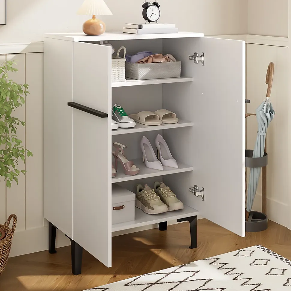 Meuble à Chaussures Moderne 2 Portes - avec Étagères Réglables - en Panneaux de Particules PB - 60x34,5x95 cm - Blanc