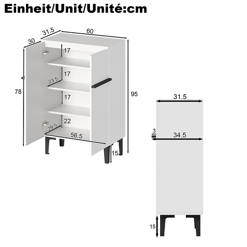 Meuble à Chaussures Moderne 2 Portes - avec Étagères Réglables - en Panneaux de Particules PB - 60x34,5x95 cm - Blanc