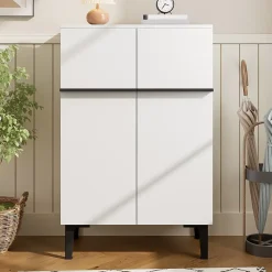 Meuble à Chaussures Moderne 2 Portes - avec Étagères Réglables - en Panneaux de Particules PB - 60x34,5x95 cm - Blanc