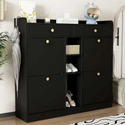 Meuble à Chaussures Moderne avec 4 Portes battantes, Multifonctionnel Armoire de Rangement avec 2 tiroirs et 3 Compartiments,noir