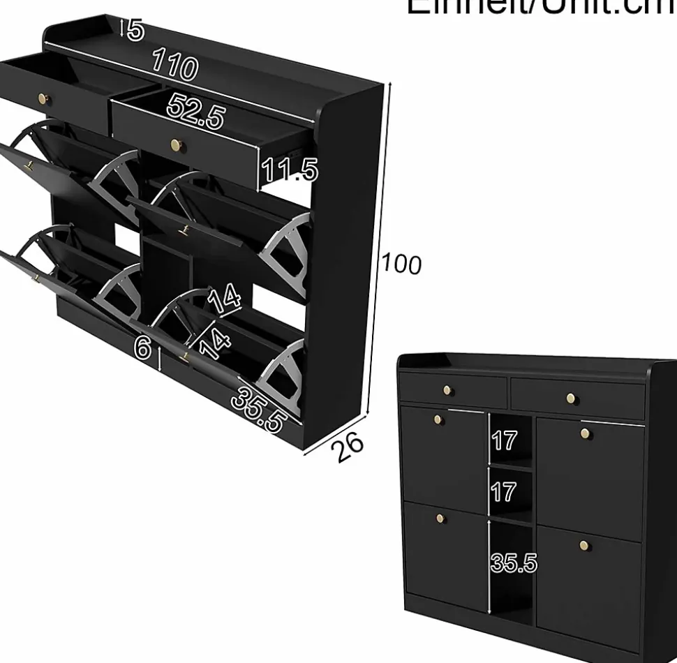 Meuble à Chaussures Moderne avec 4 Portes battantes, Multifonctionnel Armoire de Rangement avec 2 tiroirs et 3 Compartiments,noir