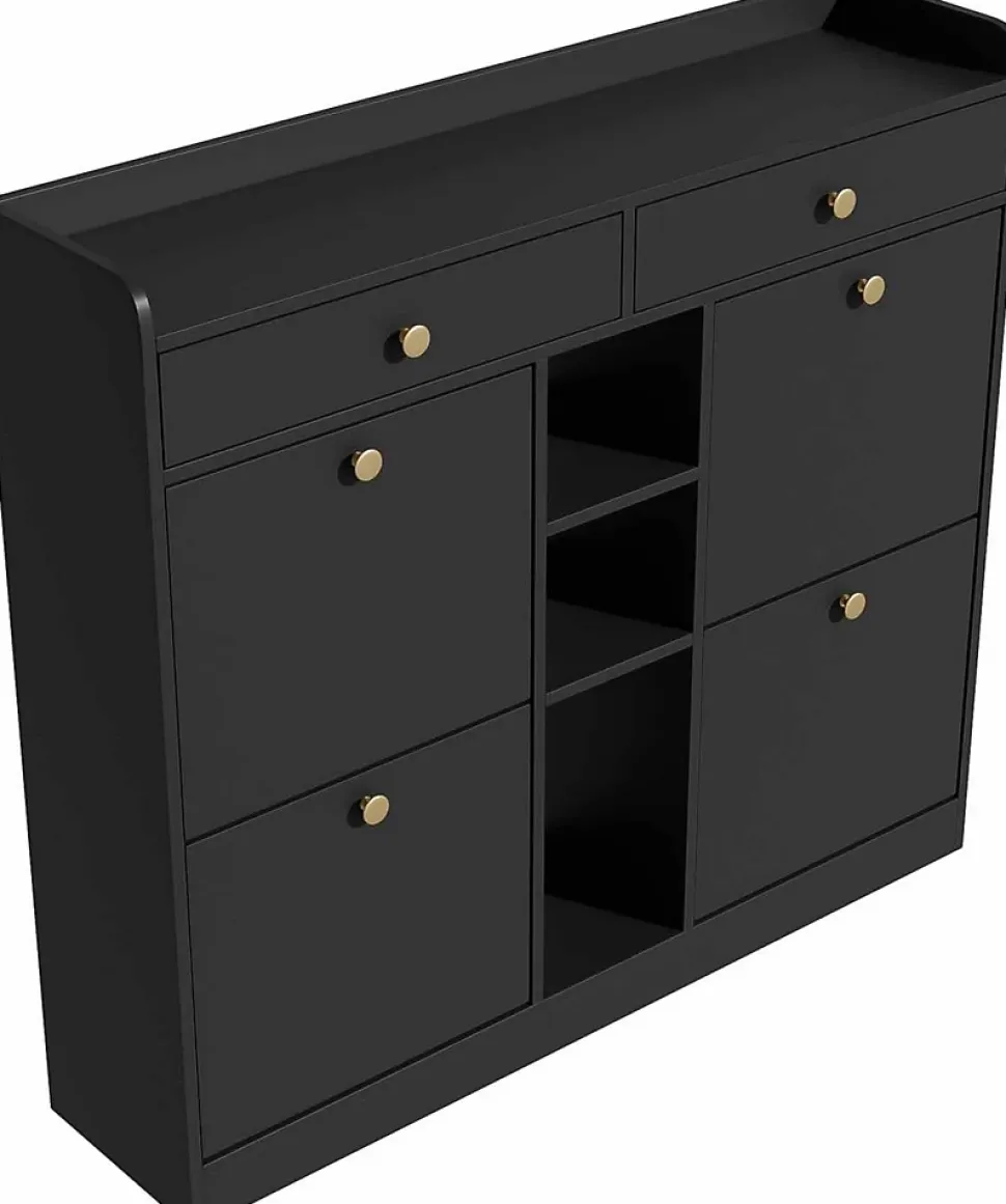 Meuble à Chaussures Moderne avec 4 Portes battantes, Multifonctionnel Armoire de Rangement avec 2 tiroirs et 3 Compartiments,noir