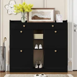 Meuble à Chaussures Moderne avec 4 Portes battantes, Multifonctionnel Armoire de Rangement avec 2 tiroirs et 3 Compartiments,noir