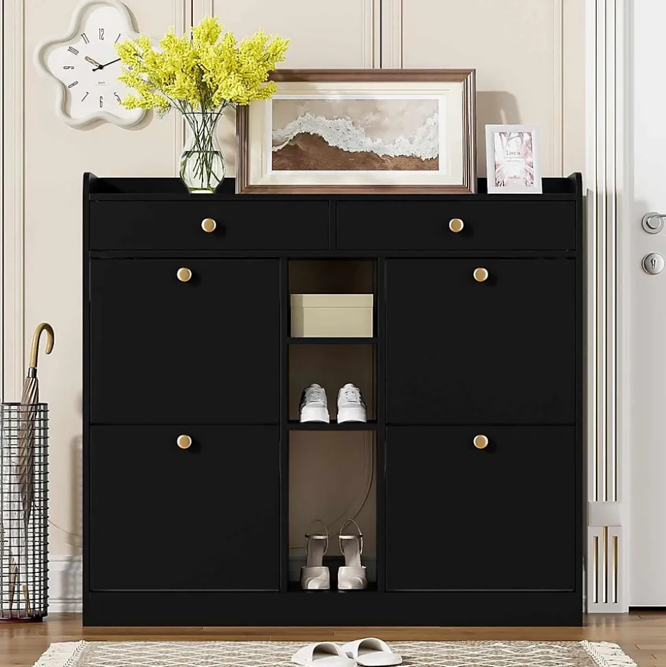 Meuble à Chaussures Moderne avec 4 Portes battantes, Multifonctionnel Armoire de Rangement avec 2 tiroirs et 3 Compartiments,noir