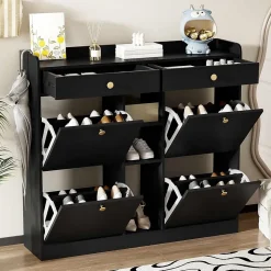 Meuble à Chaussures Moderne avec 4 Portes battantes, Multifonctionnel Armoire de Rangement avec 2 tiroirs et 3 Compartiments,noir