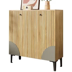 Meuble à Chaussures Moderne avec 3 Portes et Étagères - PB, Rangement pour entrée, 90x32x94 cm - Naturel