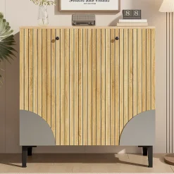 Meuble à Chaussures Moderne avec 3 Portes et Étagères - PB, Rangement pour entrée, 90x32x94 cm - Naturel