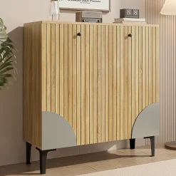 Meuble à Chaussures Moderne avec 3 Portes et Étagères - PB, Rangement pour entrée, 90x32x94 cm - Naturel