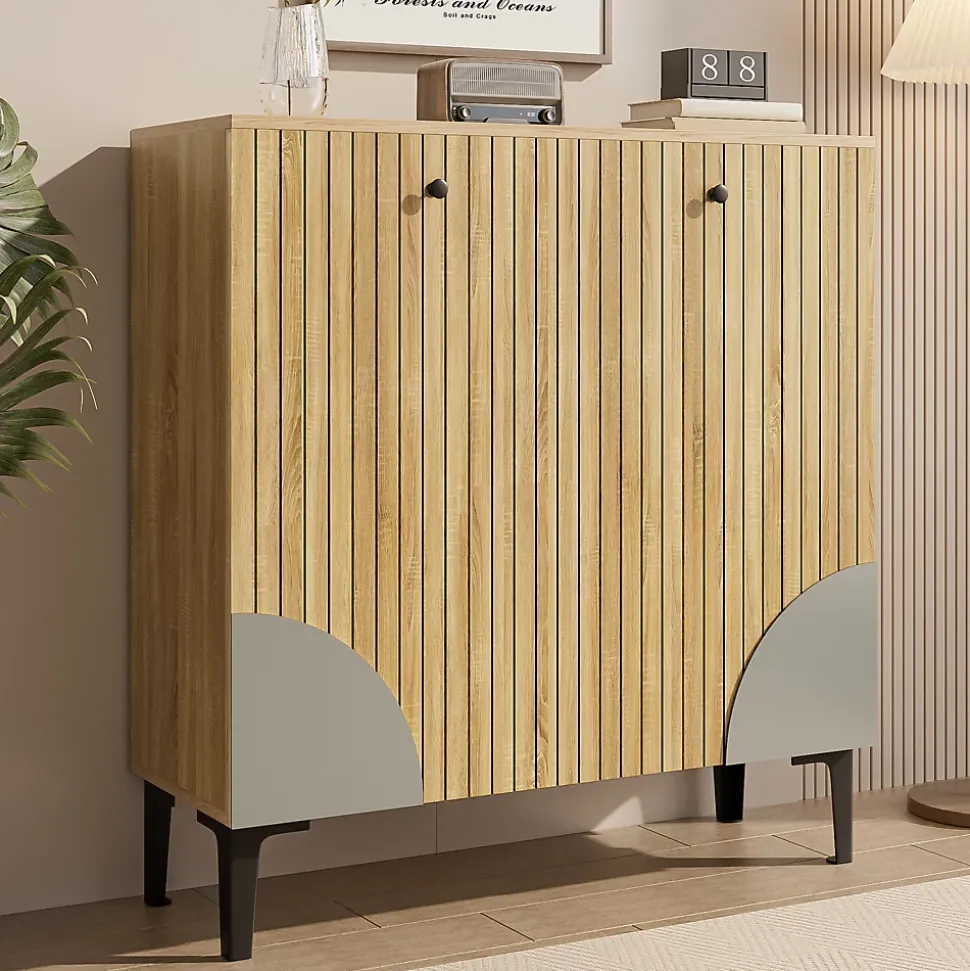 Meuble à Chaussures Moderne avec 3 Portes et Étagères - PB, Rangement pour entrée, 90x32x94 cm - Naturel