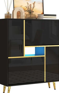 Meuble à chaussures moderne, meuble à chaussures noir avec façade brillante et éclairage LED 16 couleurs (80 x 25 x 96 cm)
