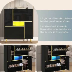 Meuble à chaussures moderne, meuble à chaussures noir avec façade brillante et éclairage LED 16 couleurs (80 x 25 x 96 cm)