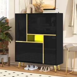 Meuble à chaussures moderne, meuble à chaussures noir avec façade brillante et éclairage LED 16 couleurs (80 x 25 x 96 cm)