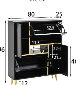 Meuble à chaussures moderne, meuble à chaussures noir avec façade brillante et éclairage LED 16 couleurs (80 x 25 x 96 cm)