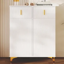 Meuble à chaussures moderne et élégant avec tiroirs, étagères ajustables et décorations dorées, Blanc