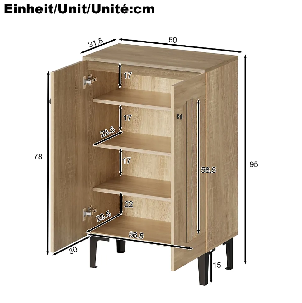 Meuble à Chaussures Moderne 2 Portes - avec Étagères Fixes - Panneaux de Particules - 60x31,5x95 cm - Naturel