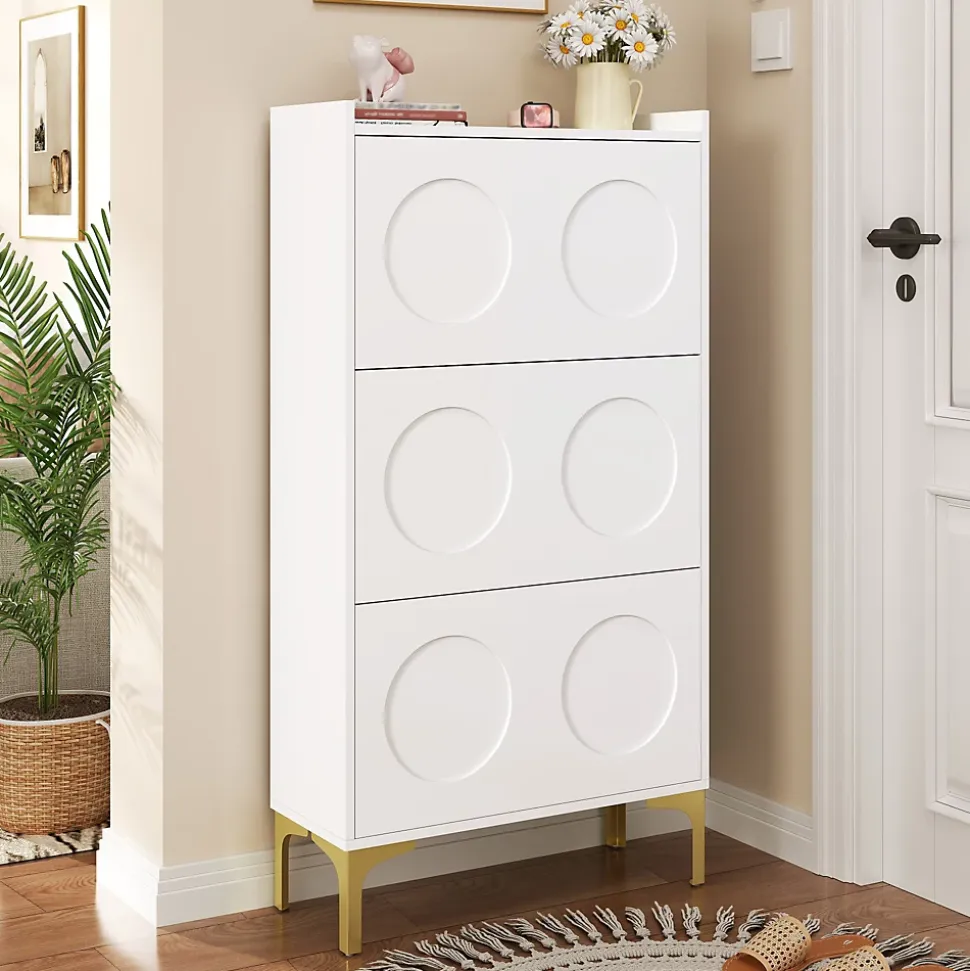 Meuble à Chaussures Moderne, 3 Étages avec Pieds Métal et Rangement Spacieux, Pratique pour entrée, MDF, Blanc, 63x24x120 cm