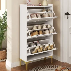 Meuble à Chaussures Moderne, 3 Étages avec Pieds Métal et Rangement Spacieux, Pratique pour entrée, MDF, Blanc, 63x24x120 cm