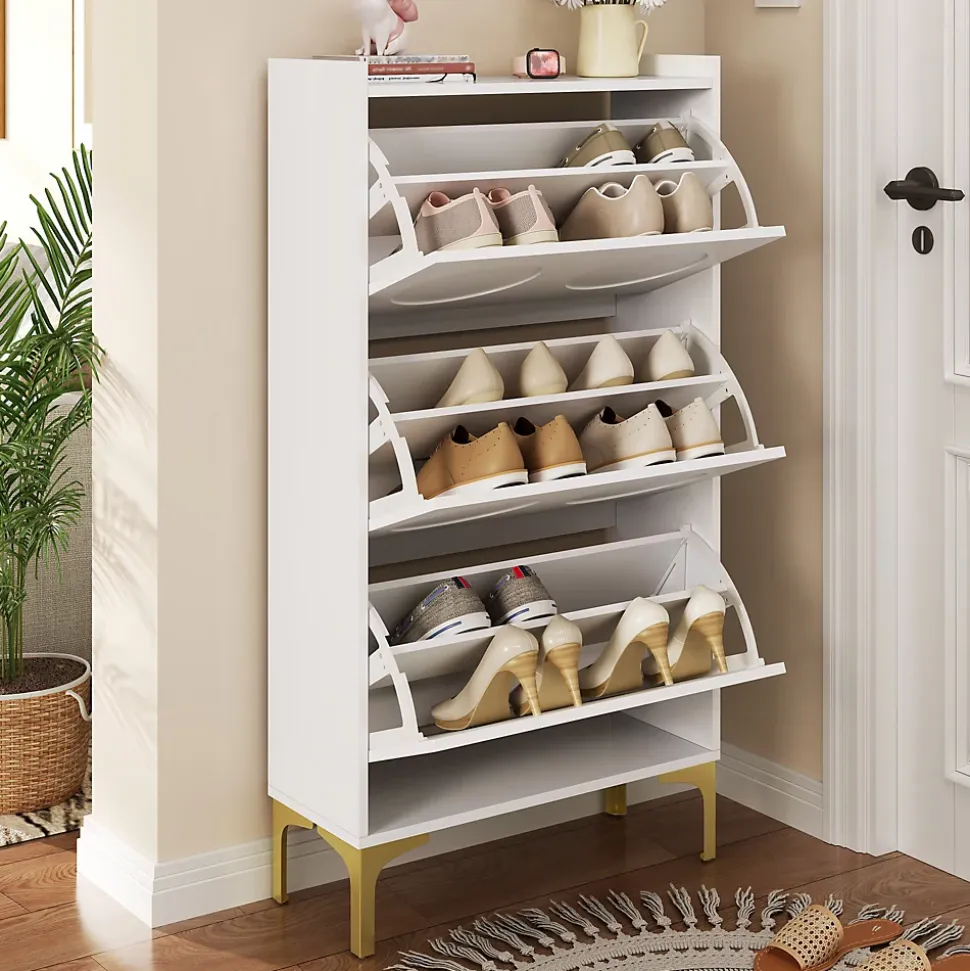 Meuble à Chaussures Moderne, 3 Étages avec Pieds Métal et Rangement Spacieux, Pratique pour entrée, MDF, Blanc, 63x24x120 cm