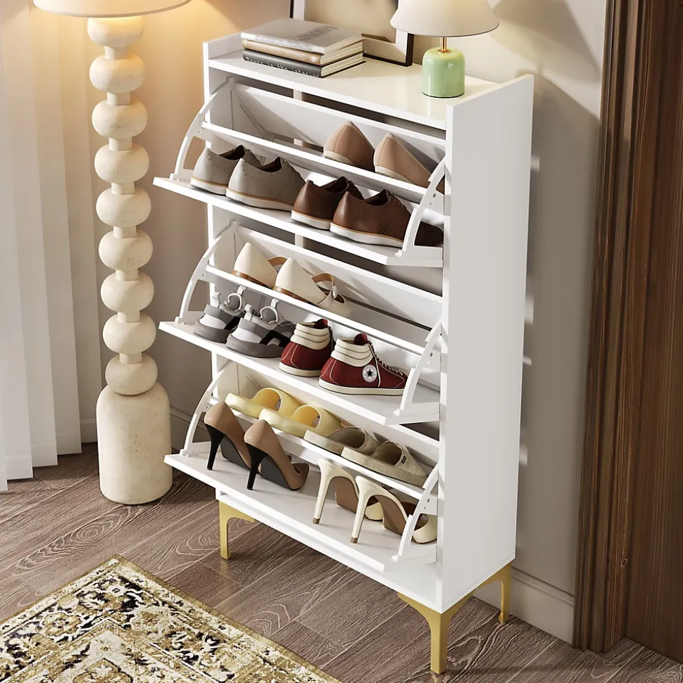 Meuble à Chaussures Moderne, 3 Étages avec Pieds Métal et Rangement Spacieux, Pratique pour entrée, MDF, Blanc, 63x24x120 cm