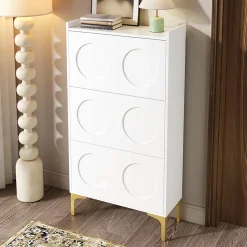 Meuble à Chaussures Moderne, 3 Étages avec Pieds Métal et Rangement Spacieux, Pratique pour entrée, MDF, Blanc, 63x24x120 cm