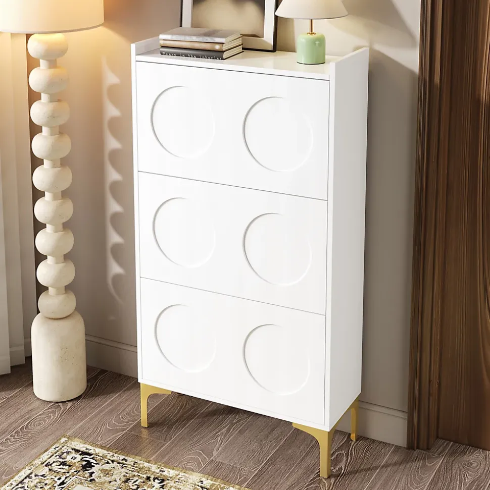 Meuble à Chaussures Moderne, 3 Étages avec Pieds Métal et Rangement Spacieux, Pratique pour entrée, MDF, Blanc, 63x24x120 cm