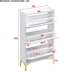 Meuble à Chaussures Moderne, 3 Étages avec Pieds Métal et Rangement Spacieux, Pratique pour entrée, MDF, Blanc, 63x24x120 cm