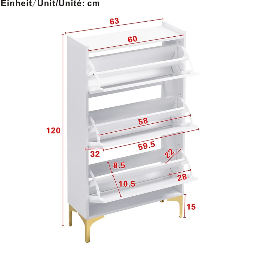 Meuble à Chaussures Moderne, 3 Étages avec Pieds Métal et Rangement Spacieux, Pratique pour entrée, MDF, Blanc, 63x24x120 cm