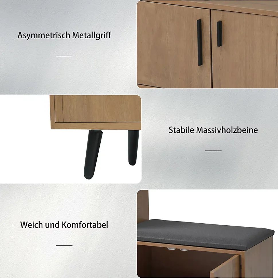 Meuble à chaussures naturel avec 4 portes, poignées métalliques asymétriques, panneaux particules + métal, 120x34x82,8 cm