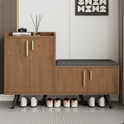 Meuble à chaussures naturel avec 4 portes, poignées métalliques asymétriques, panneaux particules + métal, 120x34x82,8 cm