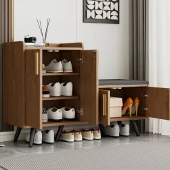 Meuble à chaussures naturel avec 4 portes, poignées métalliques asymétriques, panneaux particules + métal, 120x34x82,8 cm