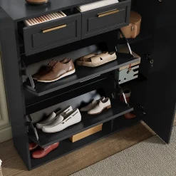 Meuble à Chaussures Noir avec Tiroirs et Étagères Réglables, Armoire à Chaussures avec Portes et Poignées Dorées - 95x24x107 cm