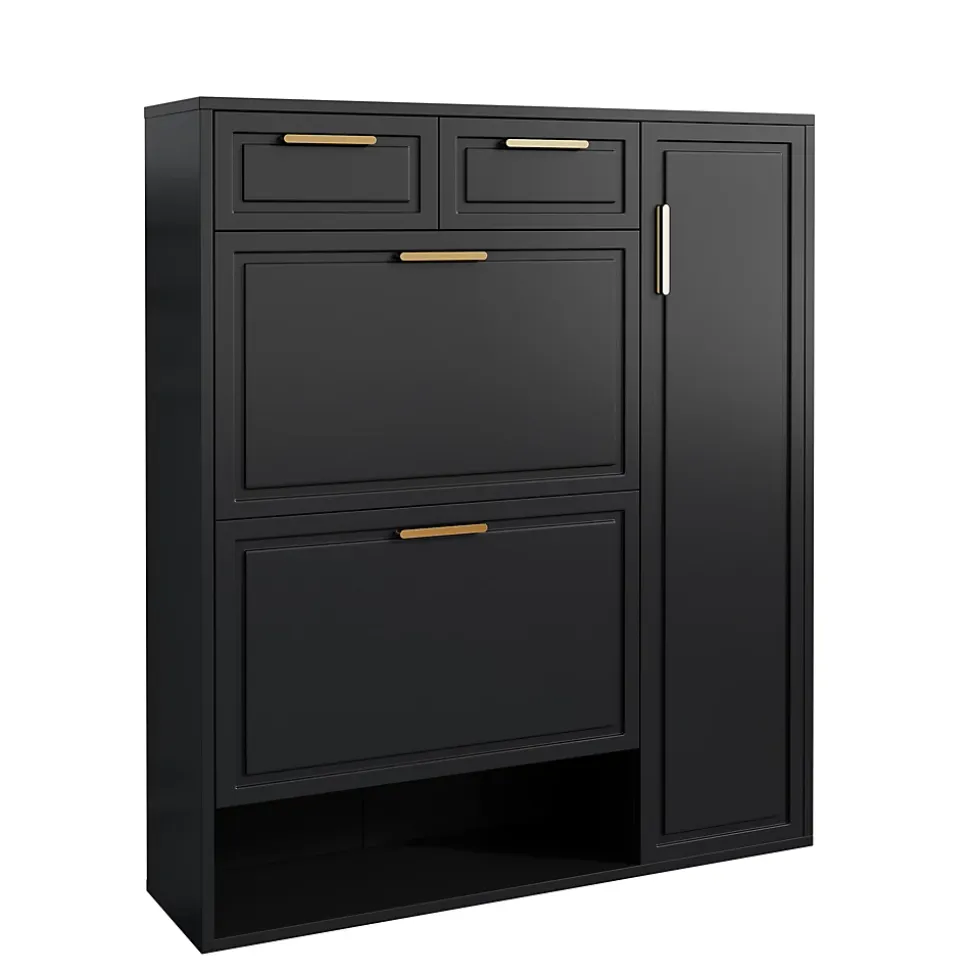 Meuble à Chaussures Noir avec Tiroirs et Étagères Réglables, Armoire à Chaussures avec Portes et Poignées Dorées - 95x24x107 cm