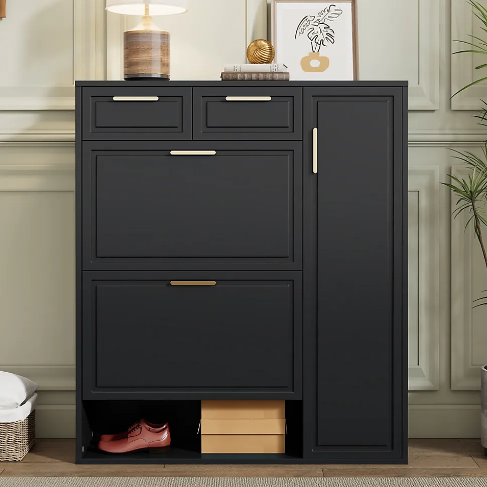 Meuble à Chaussures Noir avec Tiroirs et Étagères Réglables, Armoire à Chaussures avec Portes et Poignées Dorées - 95x24x107 cm