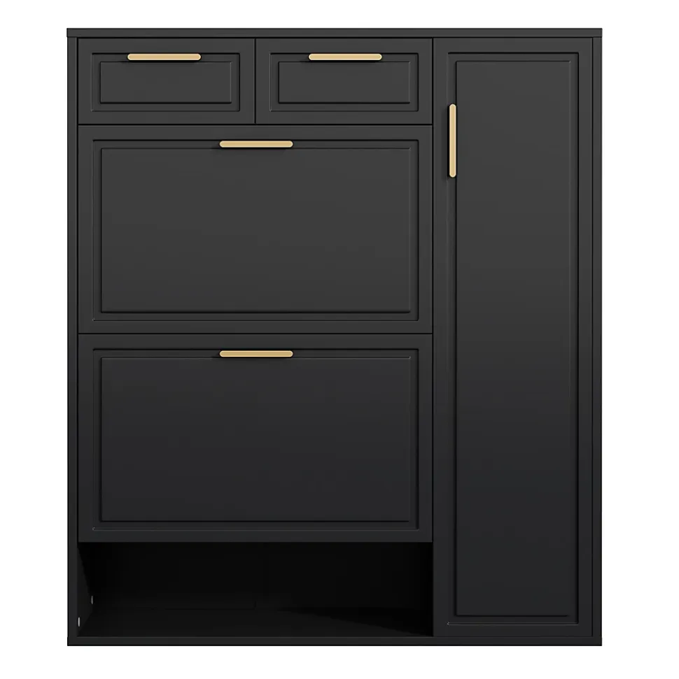 Meuble à Chaussures Noir avec Tiroirs et Étagères Réglables, Armoire à Chaussures avec Portes et Poignées Dorées - 95x24x107 cm