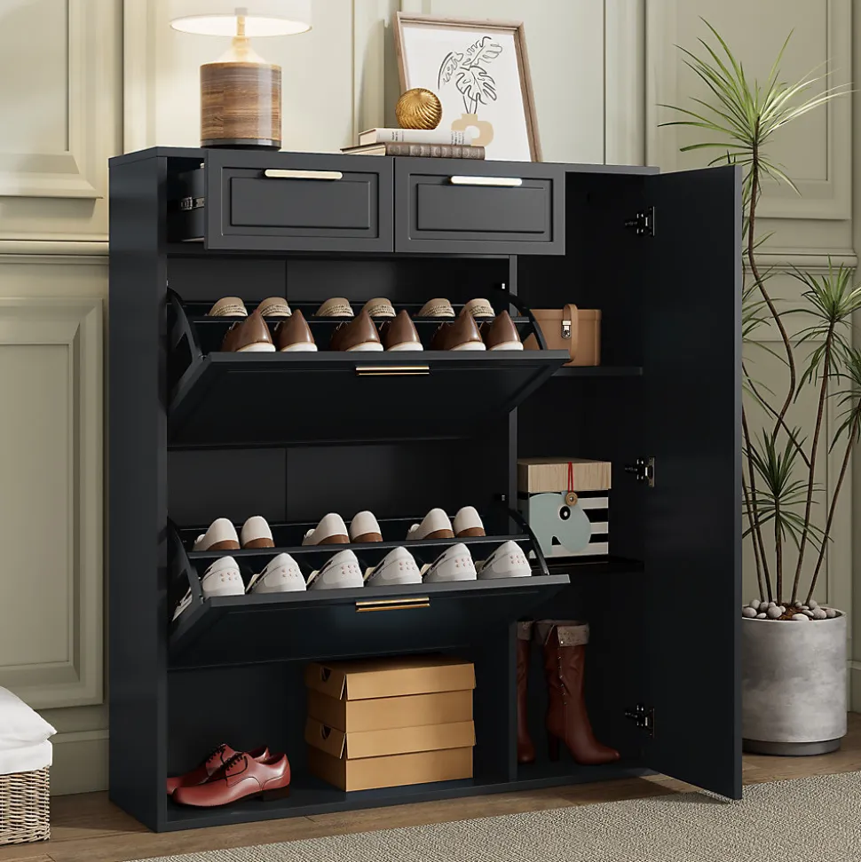 Meuble à Chaussures Noir avec Tiroirs et Étagères Réglables, Armoire à Chaussures avec Portes et Poignées Dorées - 95x24x107 cm